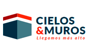 El logotipo de Cielos & Muros es un cubo azul y rojo con una flecha roja.