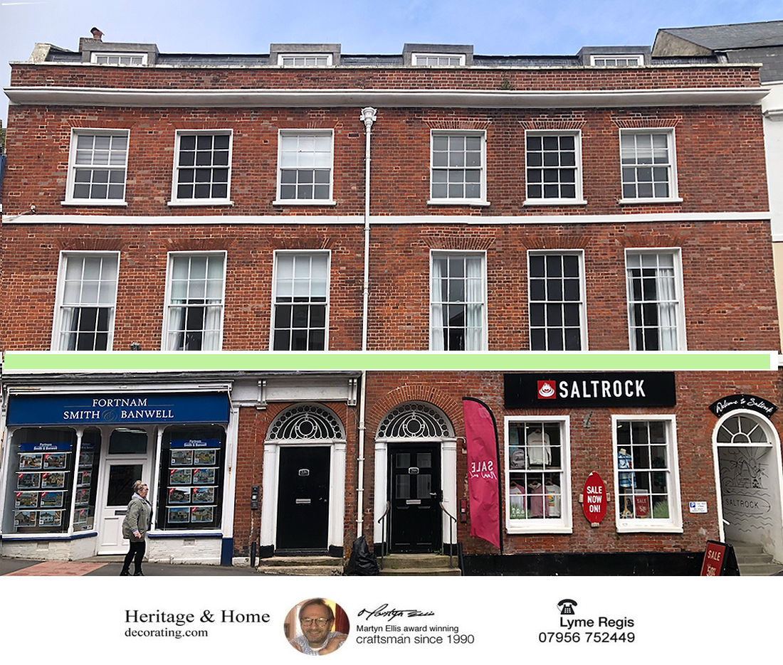 Sash window renovation and restoration of a period building on Broad Street in Lyme Regis, Dorset