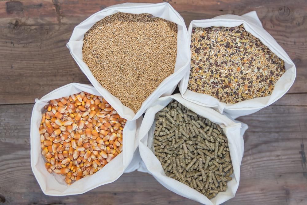 Four Bags of Different Types of Food Are Sitting on A Wooden Table — Kempsey Produce & Saddlery in Kempsey, NSW