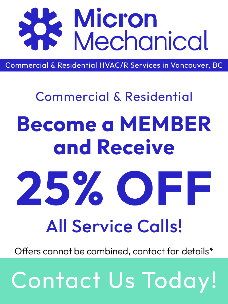 Advertisement for Micron Mechanical: 25% off service calls for members. Includes company logo, text, and contact information.