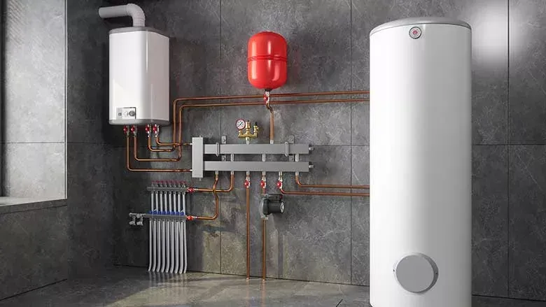 Heating system with boiler, water heater, red expansion tank, and copper pipes in a tiled room.