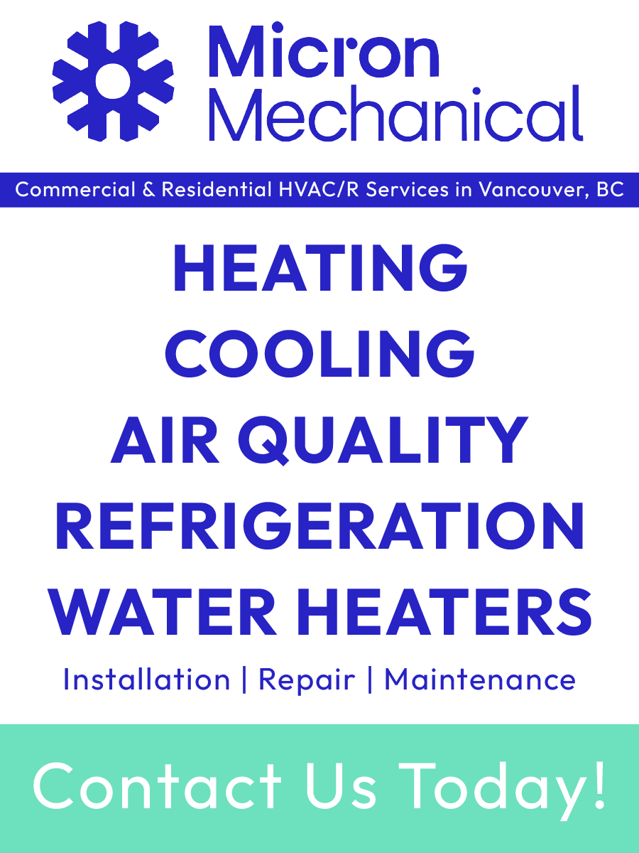 Advertisement for Micron Mechanical, offering HVAC and water heater services. Includes logo, services listed in blue and a contact call in green.
