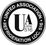 Black and white circular logo for United Association, Refrigeration Local 516 with the letters UA in the center.