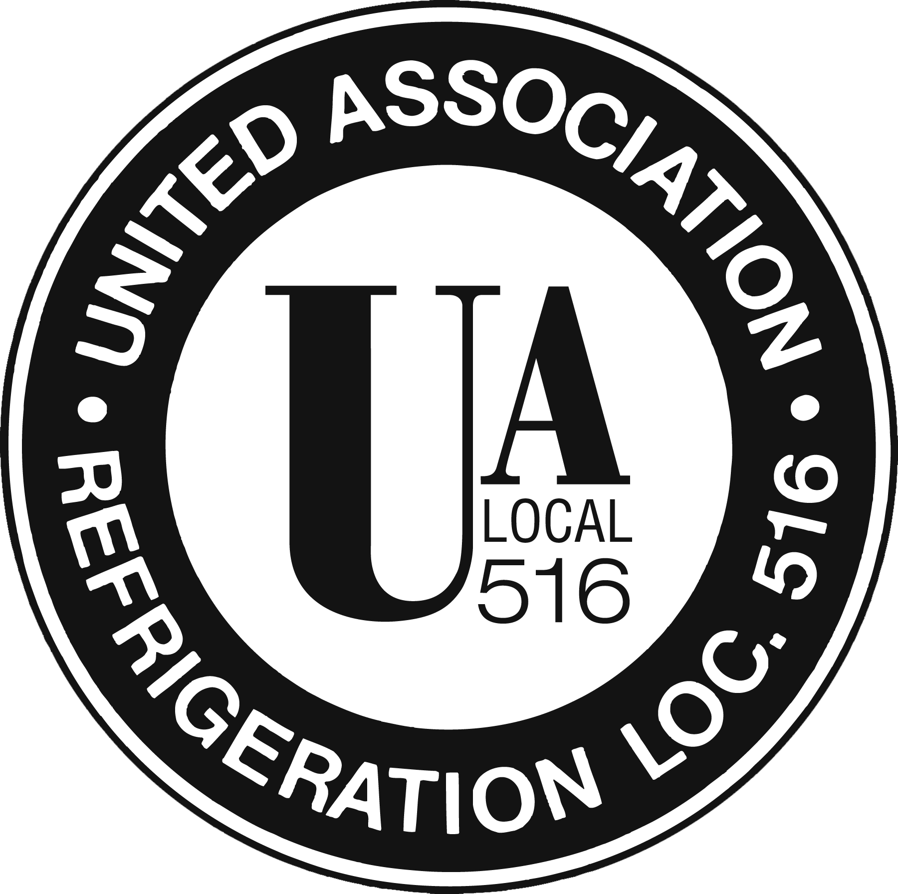 Black and white circular logo for United Association, Refrigeration Local 516 with the letters UA in the center.