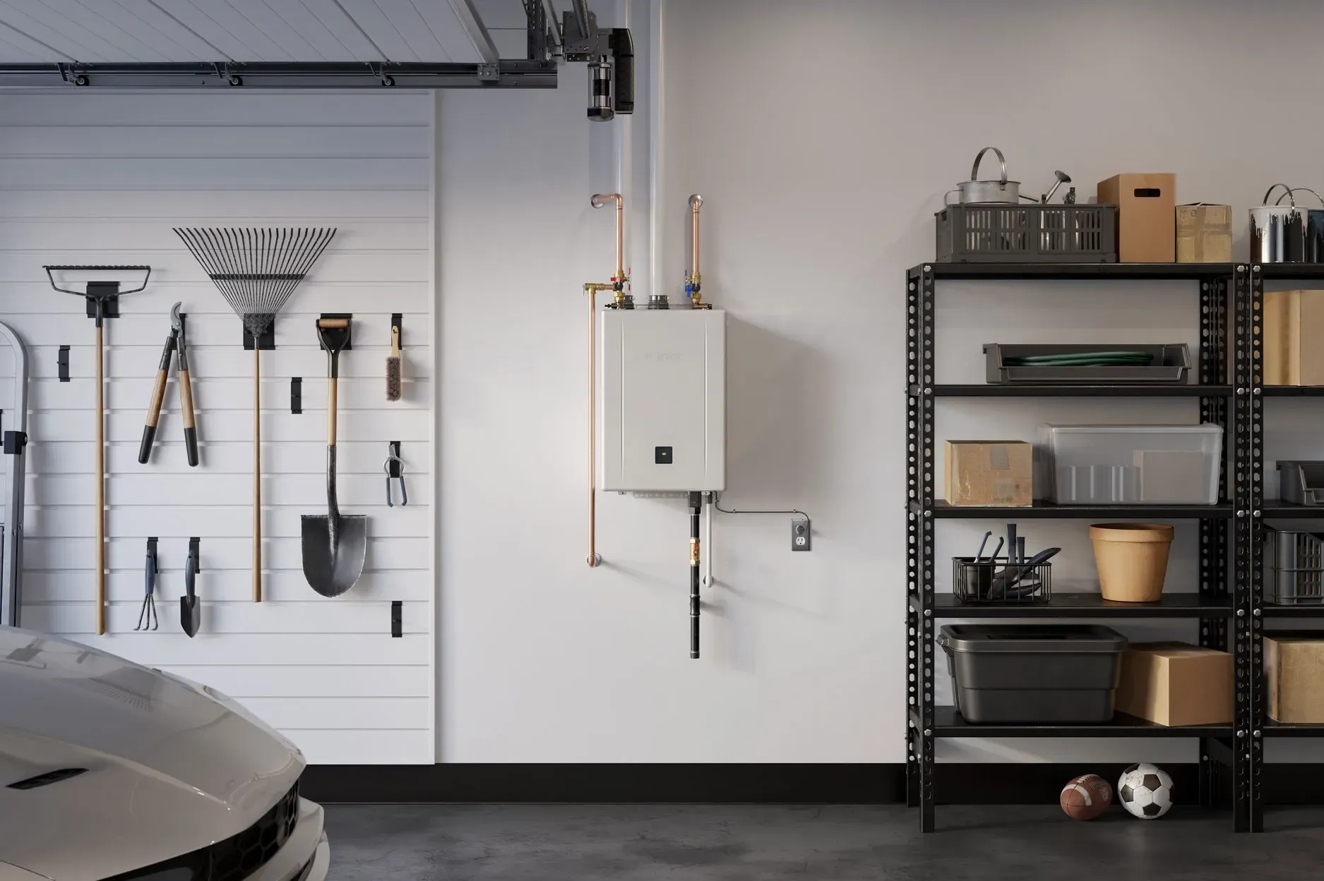 Garage with white tankless water heater, tools on wall, and storage shelves.