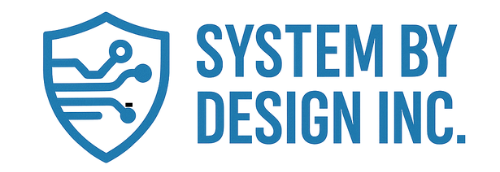 Logo for System by Design Inc.: blue shield with circuit design, blue text.