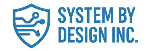 Logo for System by Design Inc.: blue shield with circuit design, blue text.