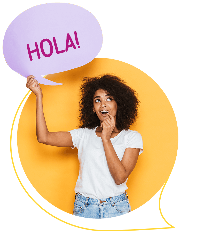 A woman is holding a speech bubble that says hola.
