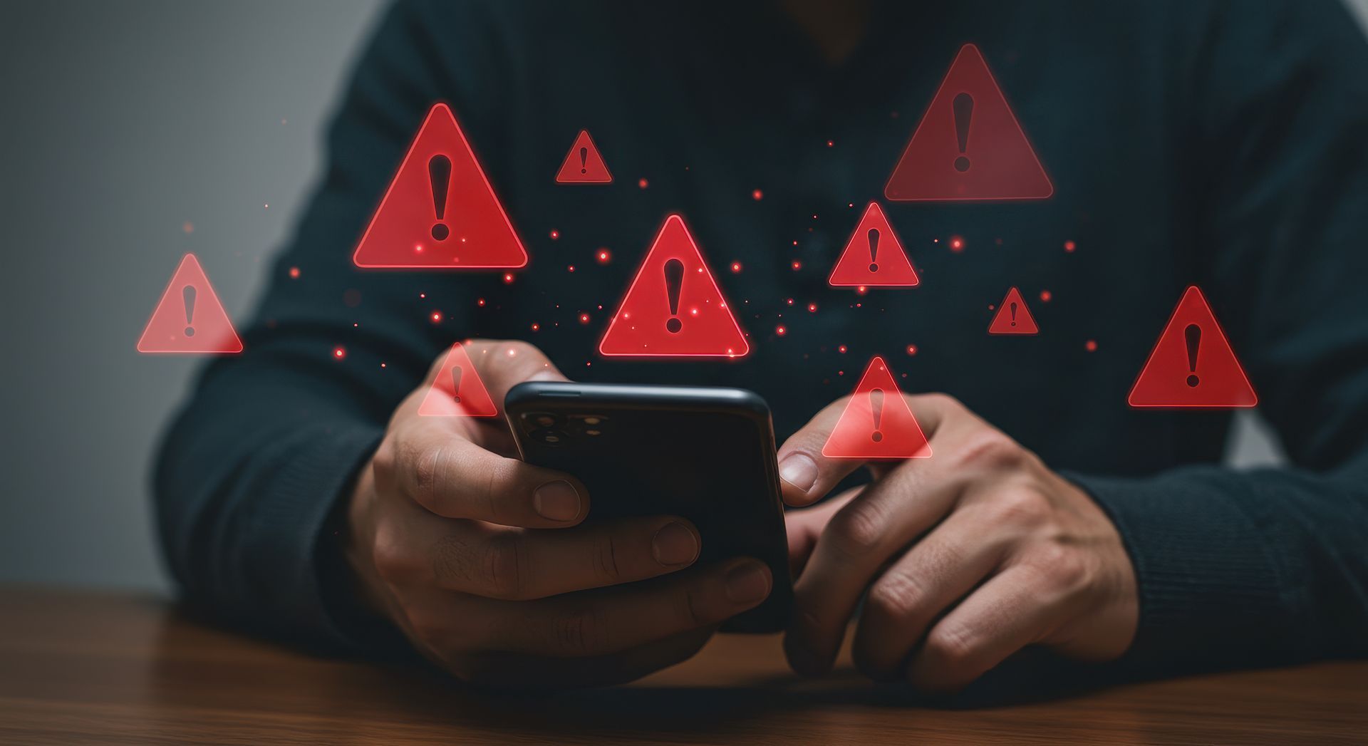 A man is sitting at a table using a cell phone with warning signs coming out of it.