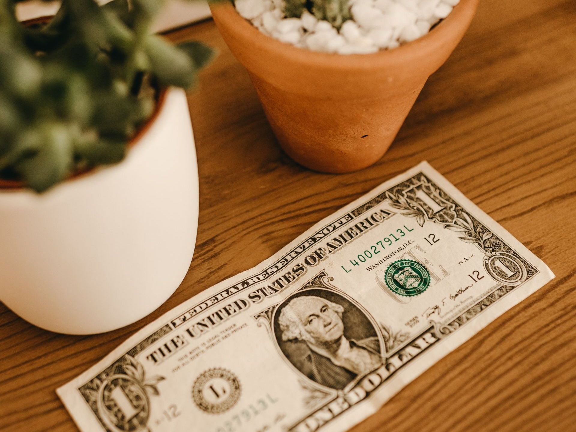 A dollar bill is sitting on a wooden table next to a potted plant.