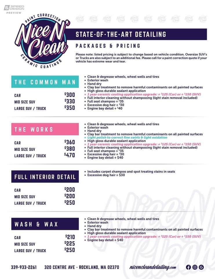 a nice n clean packages and pricing sheet