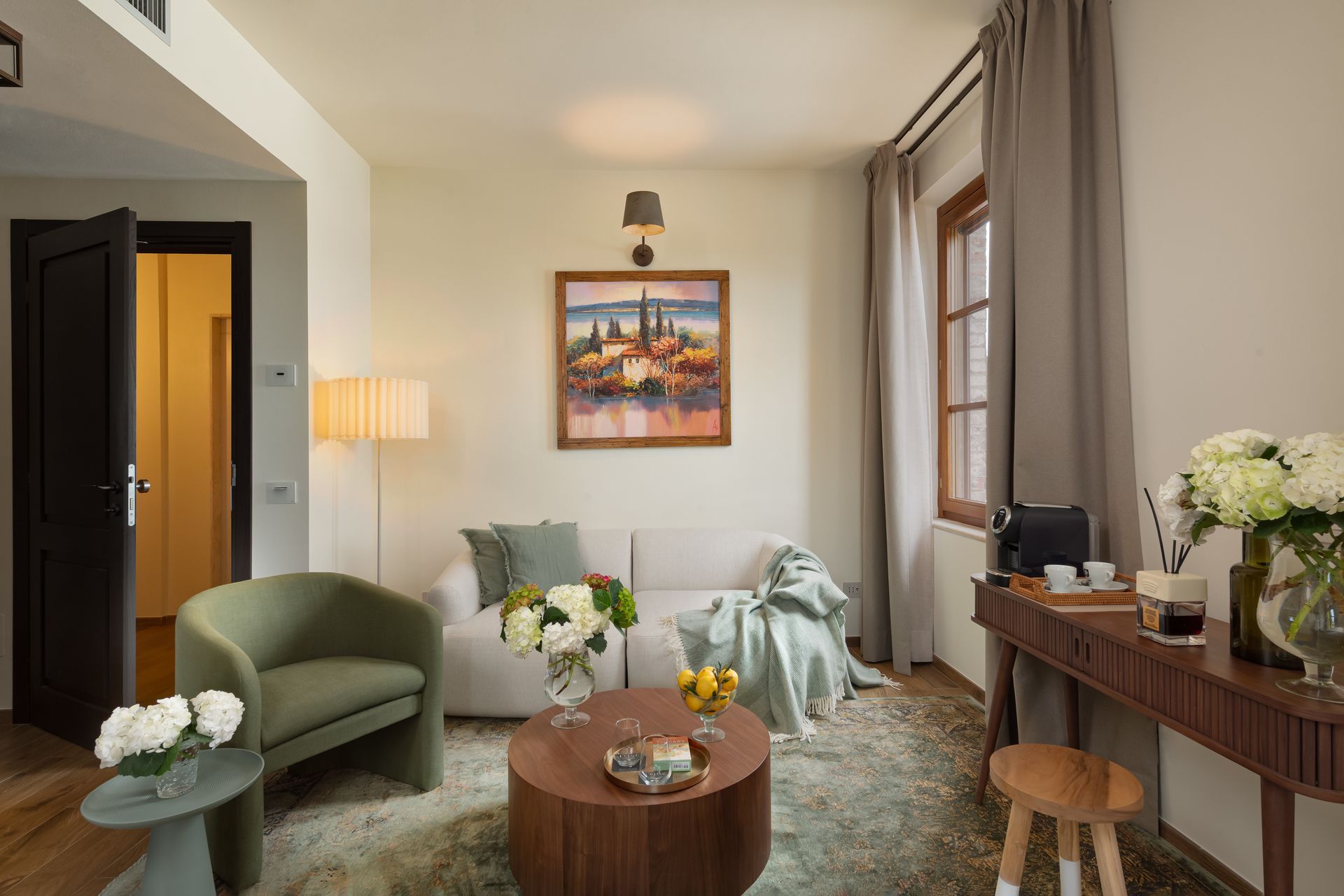 Seating area in a luxury suite in Tuscany, Italy.