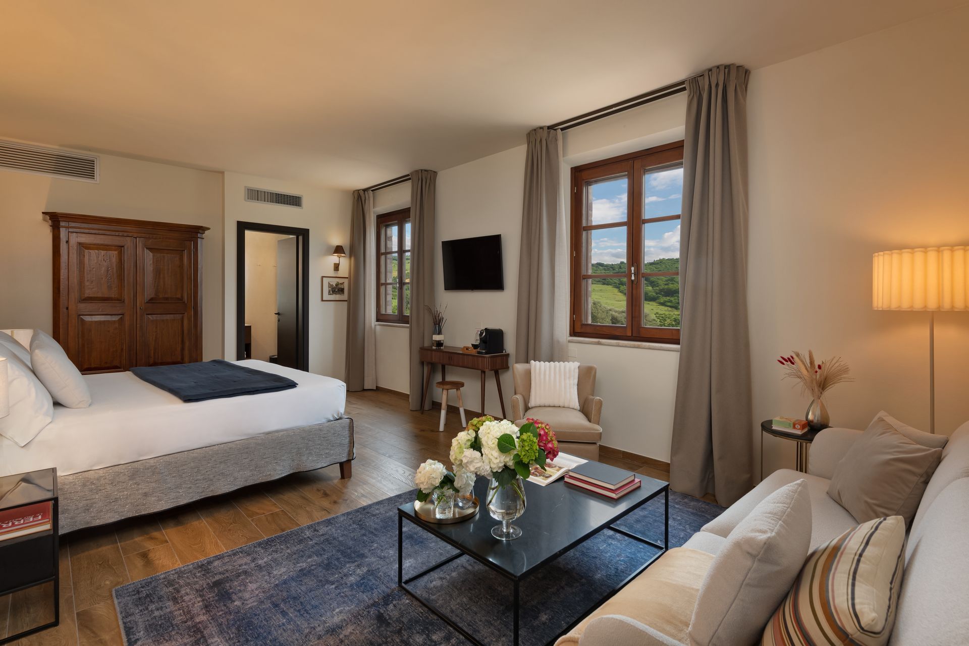Luxury suite with views of the Tuscan Hills near Montepulciano.