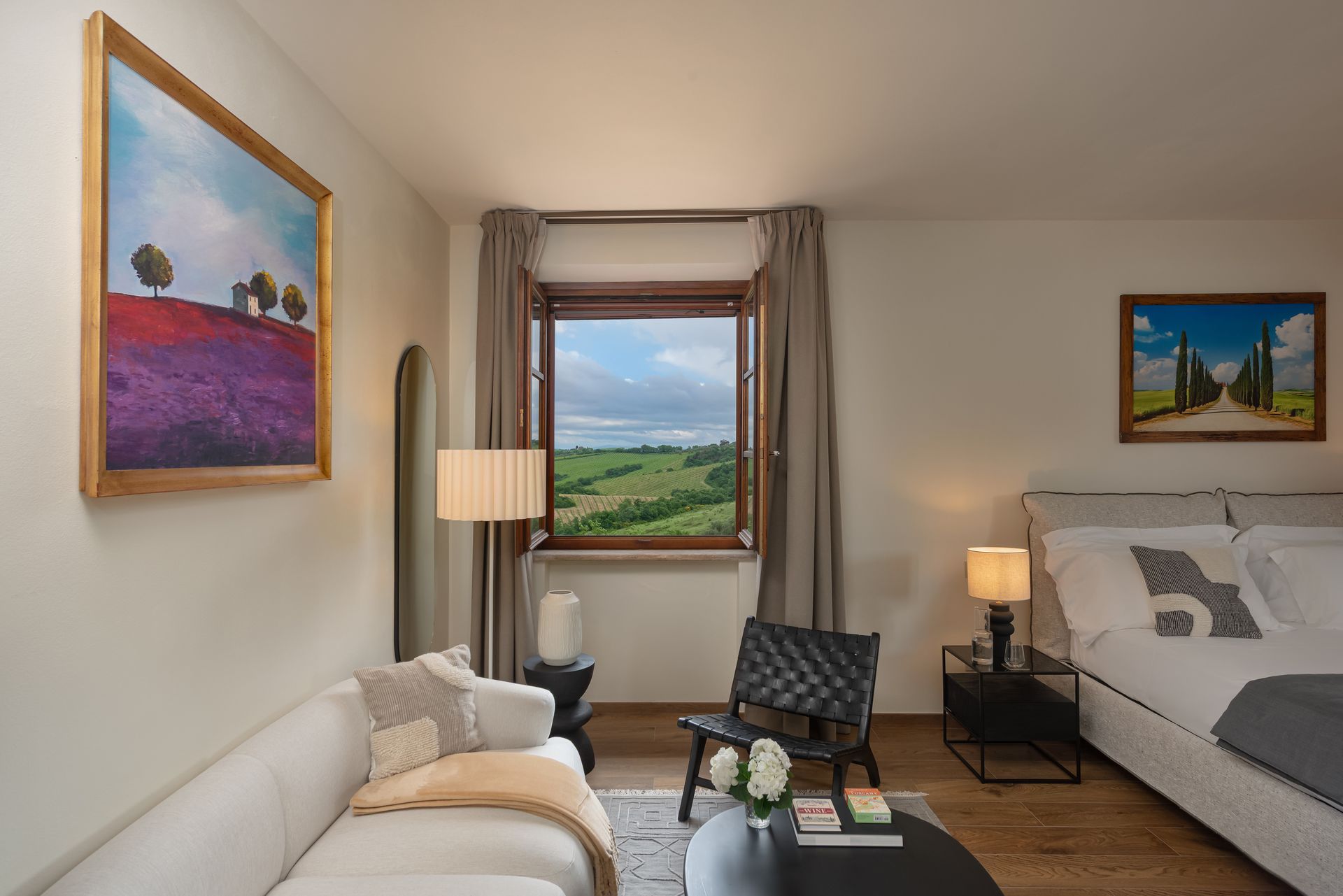 View of the Tuscan hills from a luxury suite in Tuscany.