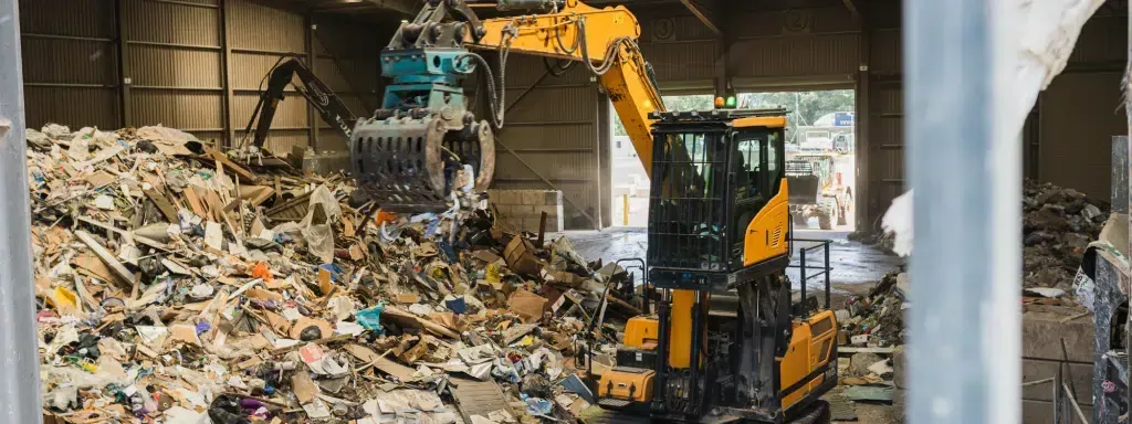 A yellow excavator is moving a pile of trash in a warehouse.