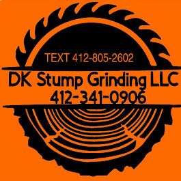 An orange and black logo for dk stump grinding llc