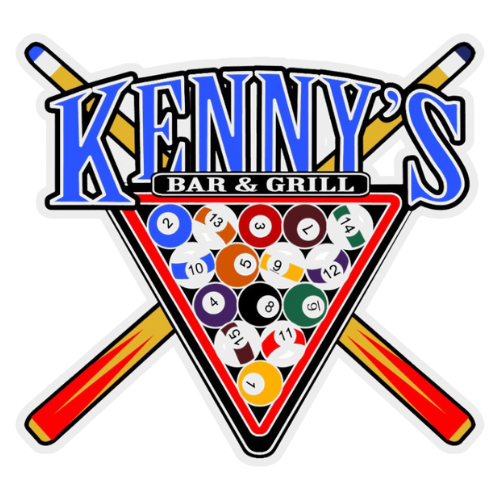 Logo for Kenny's Bar & Grill featuring crossed pool cues behind a triangle rack of billiard balls.