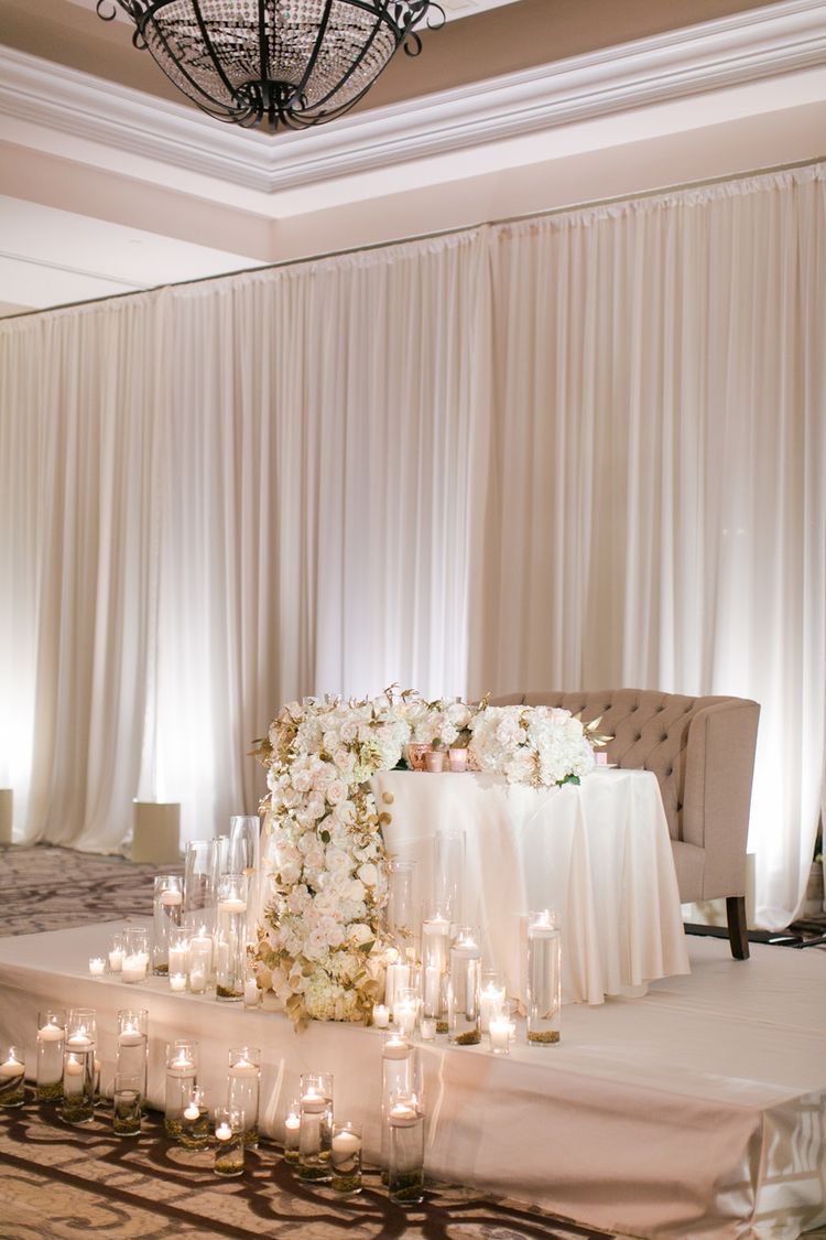 the bride and groom 's table is decorated with flowers and candles .