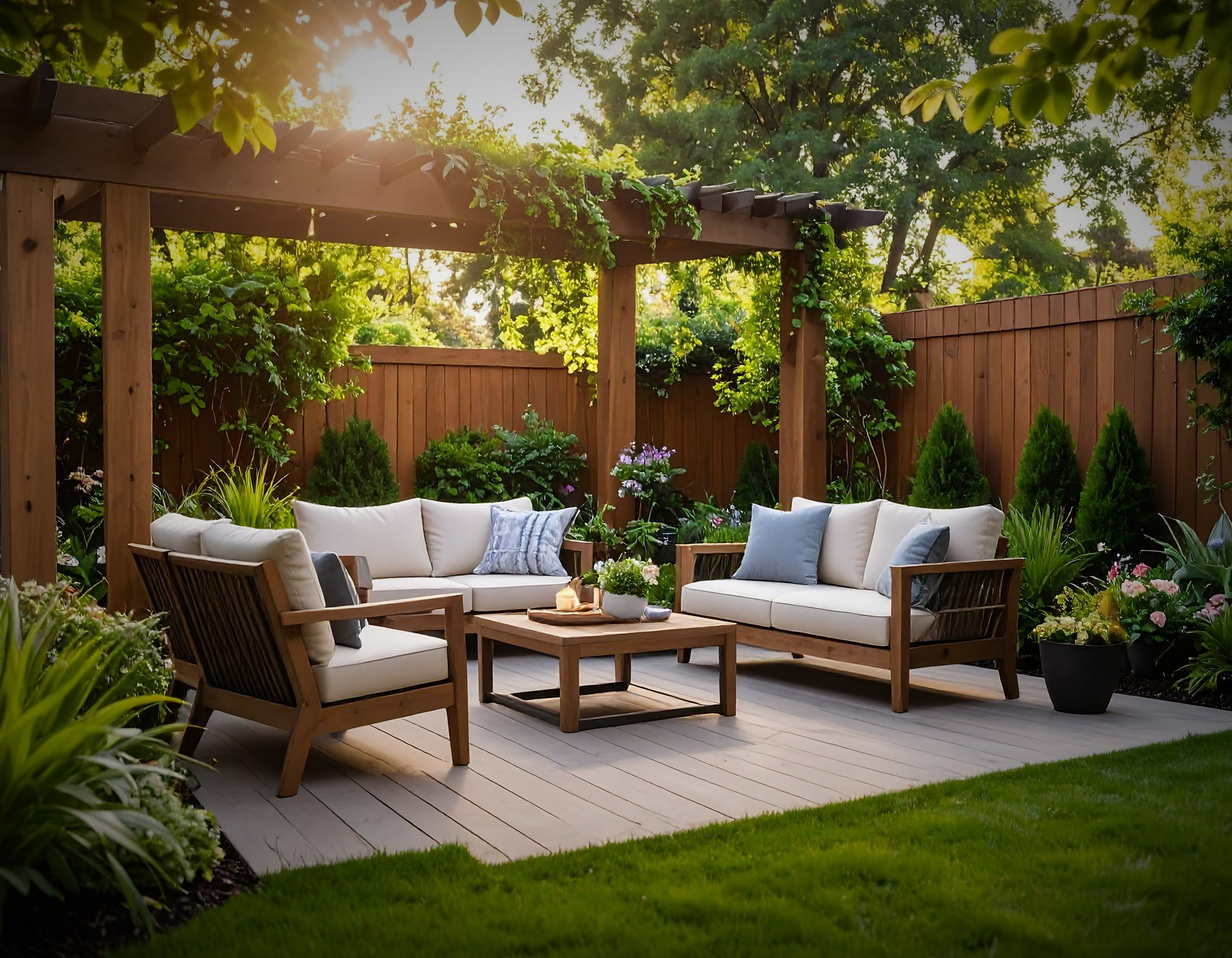 Outdoor patio with wooden furniture under a pergola, surrounded by greenery and a wooden fence.