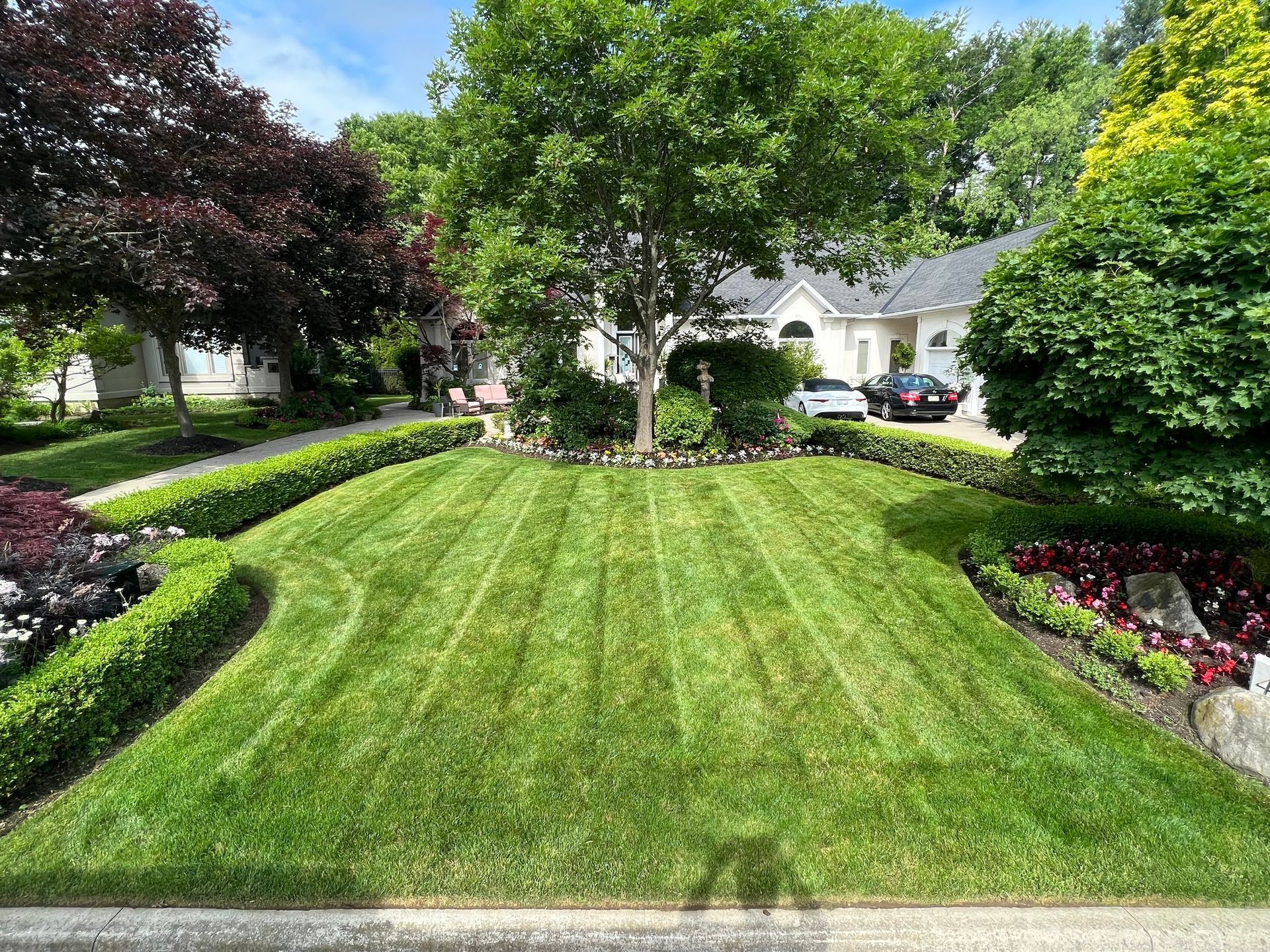 Well-manicured lawn with striped pattern, surrounded by bushes, flowers, and trees in front of a house.