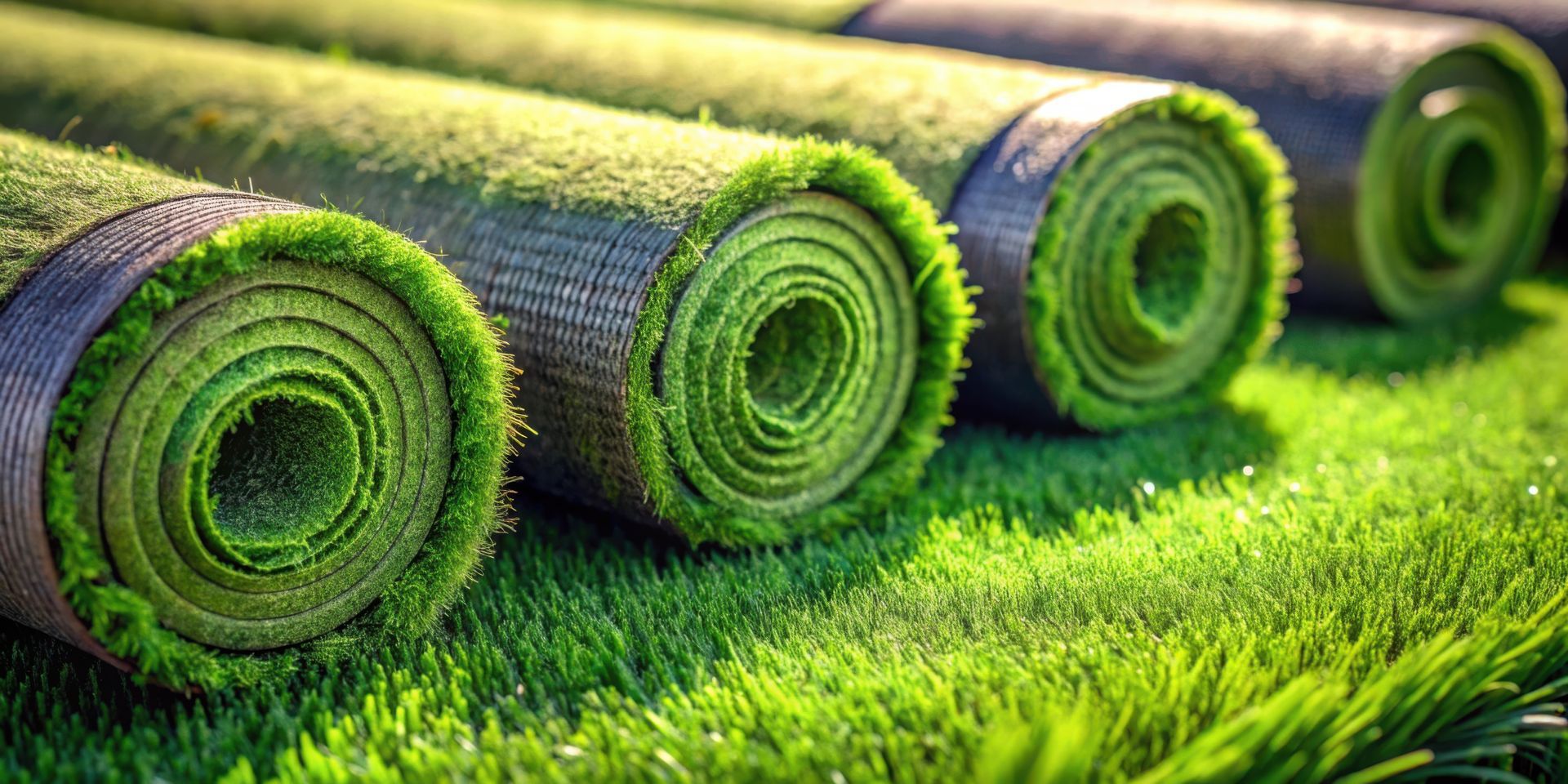 Rolls of green artificial turf resting on more turf.