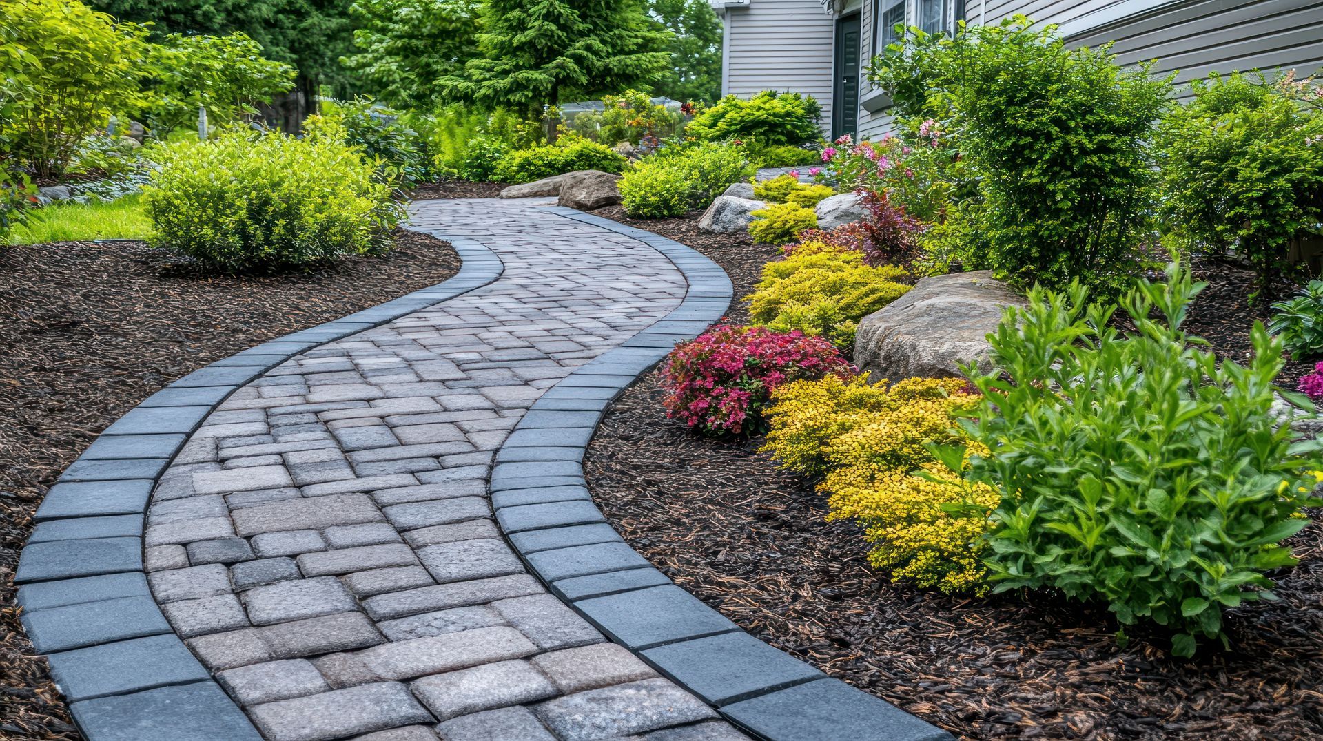 Brick pathway winds through a landscaped garden with shrubs and colorful foliage.