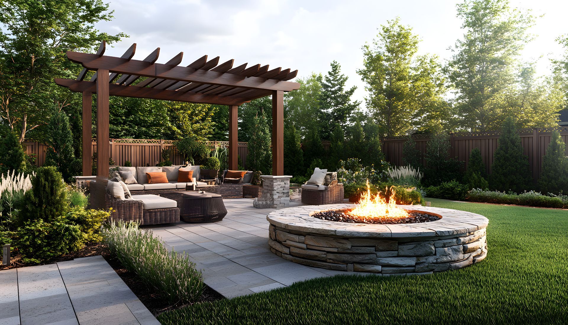 Backyard patio with fire pit, pergola-covered seating area, and lush landscaping.