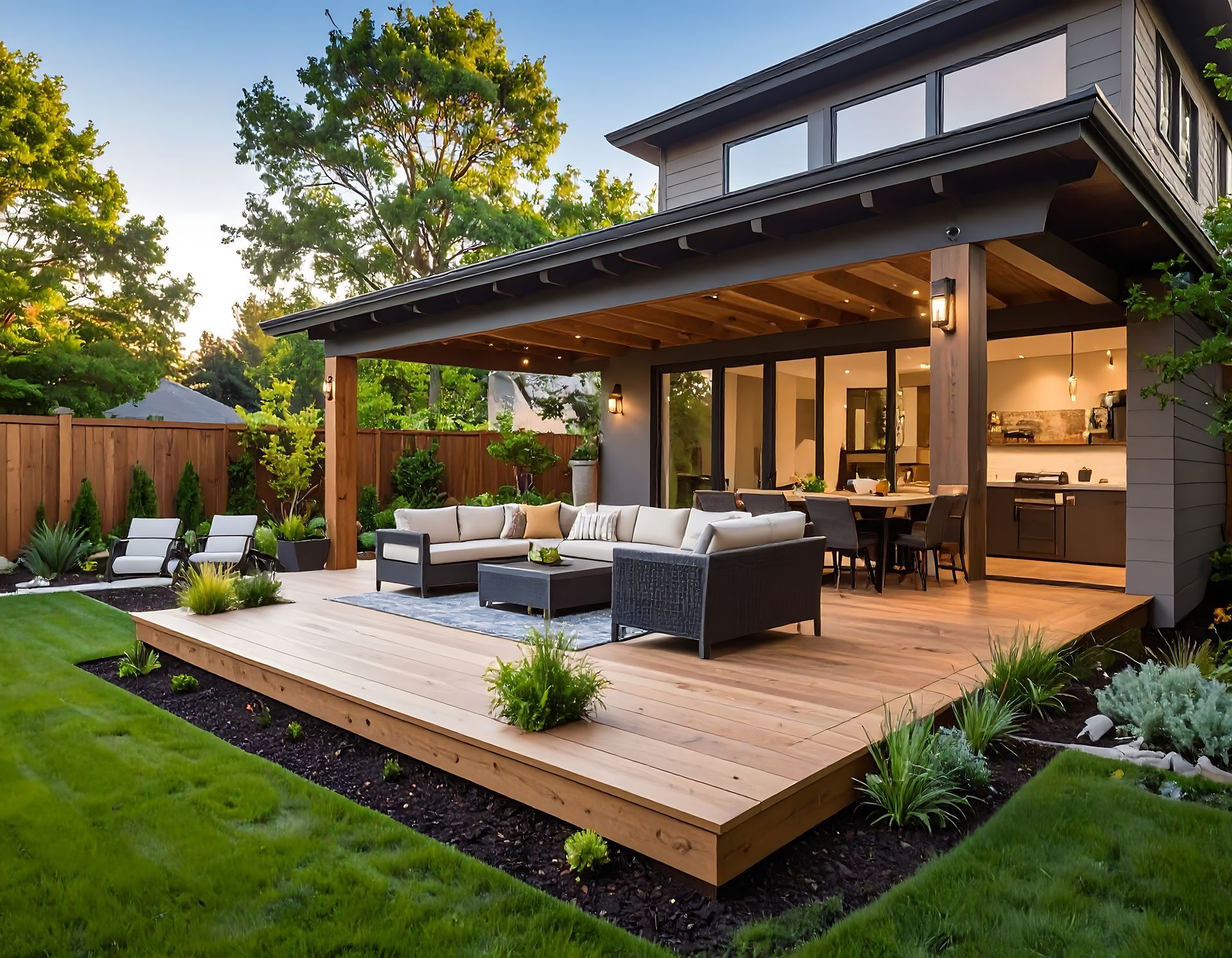 Modern home exterior with wooden deck, seating area, and lush green lawn.