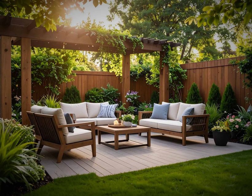 Outdoor living space with seating under a wooden pergola, surrounded by lush greenery and a wooden fence.
