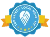 A blue seal with a yellow ribbon that says `` top rated local near me ''.