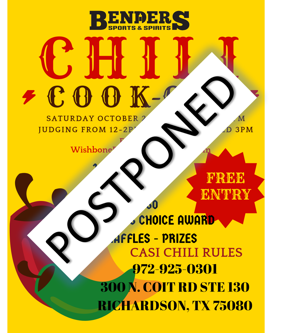 A poster for benders chili cook-off has been postponed