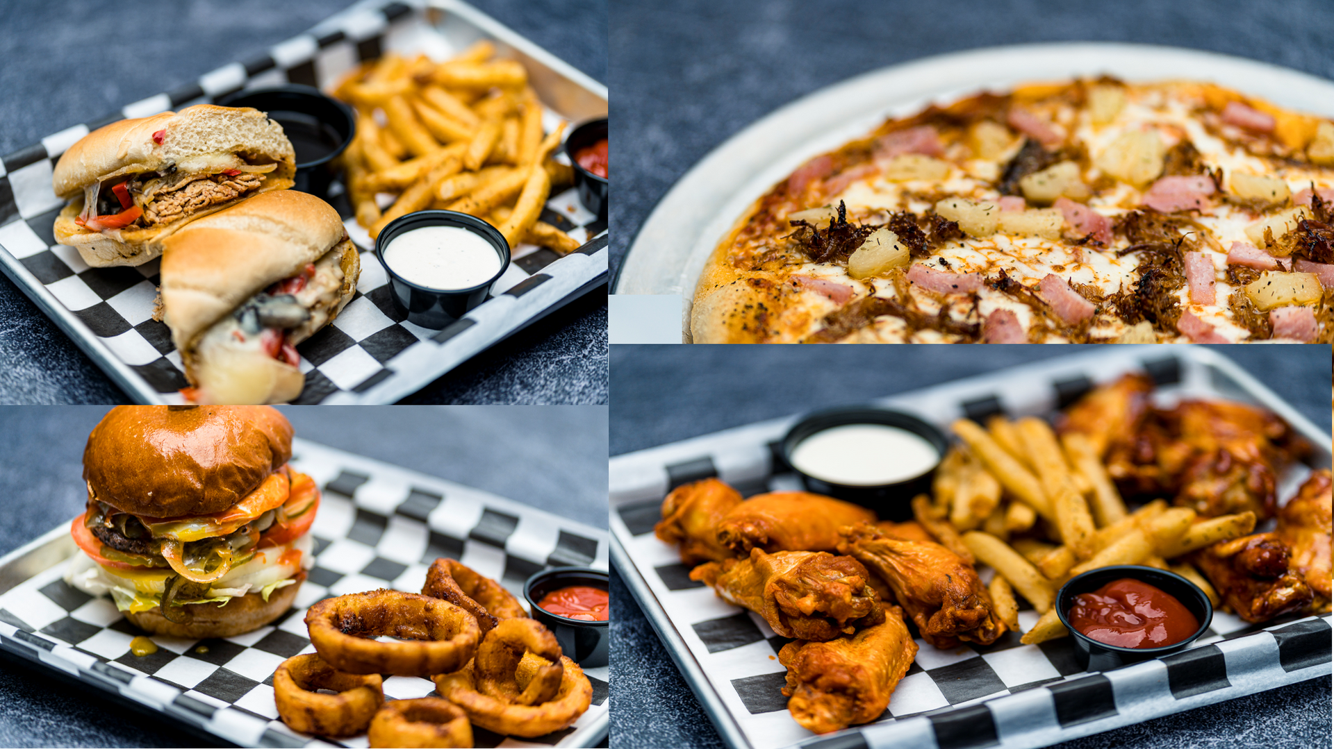 A collage of four pictures of different types of food on plates.