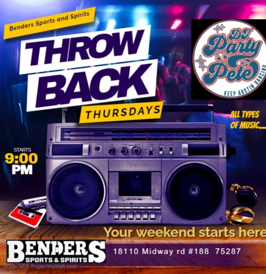 An advertisement for throw back thursdays at benders sports and spirits