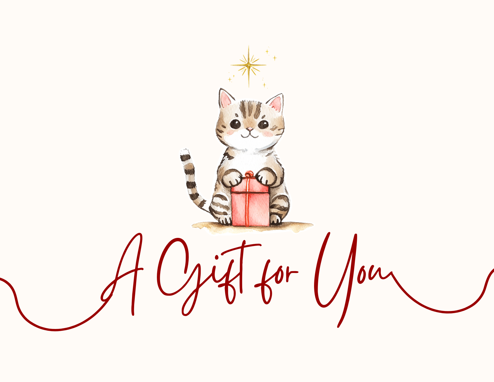 Cute tabby cat holding a pink gift, with 