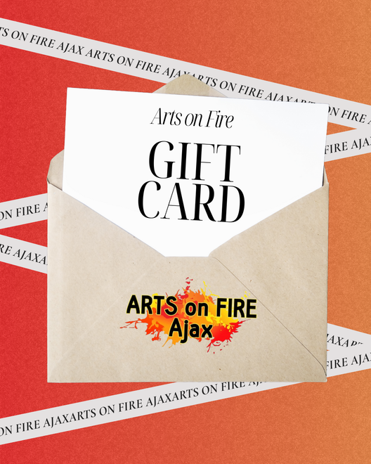 Gift card from Arts on Fire Ajax inside an envelope against a red and orange background with text.