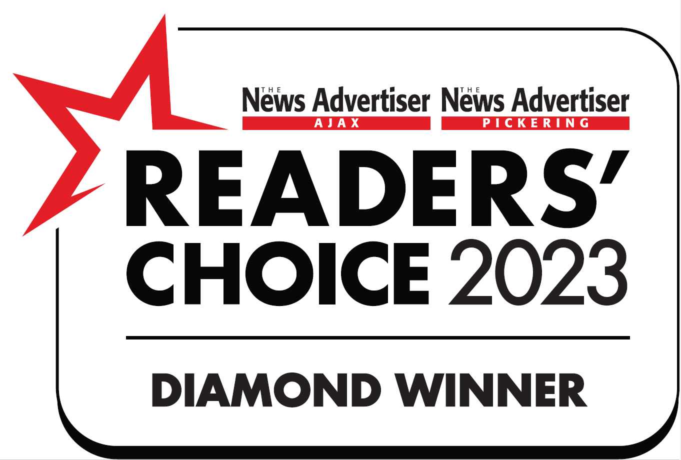 Readers' Choice 2023 Diamond Winner award badge with a red star and white background.