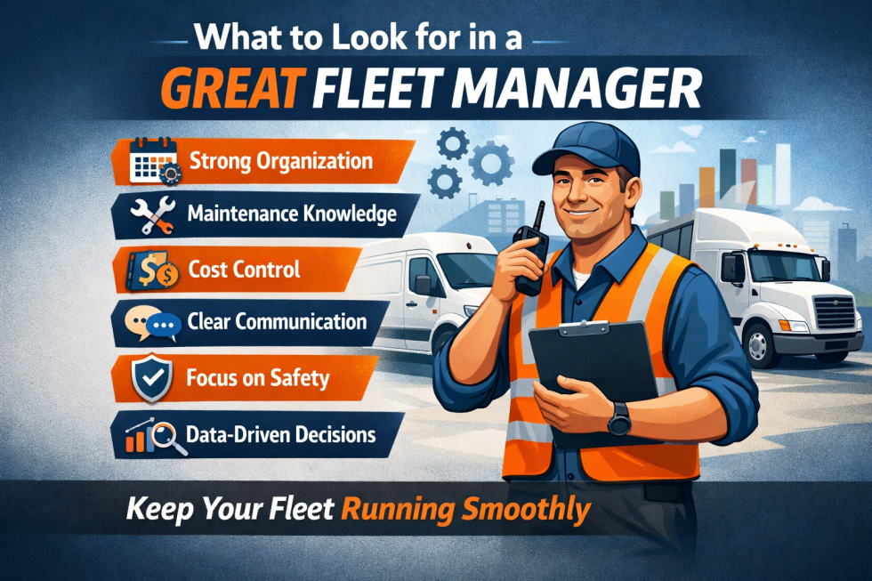 Fleet manager infographic with orange-uniformed driver, trucks, and tips for organization, safety, and communication