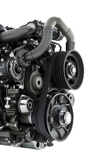 Close-up of a black engine with visible belts, pulleys, and hoses on a white background
