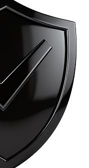 Glossy black shield emblem with a diagonal metallic stripe on a white background