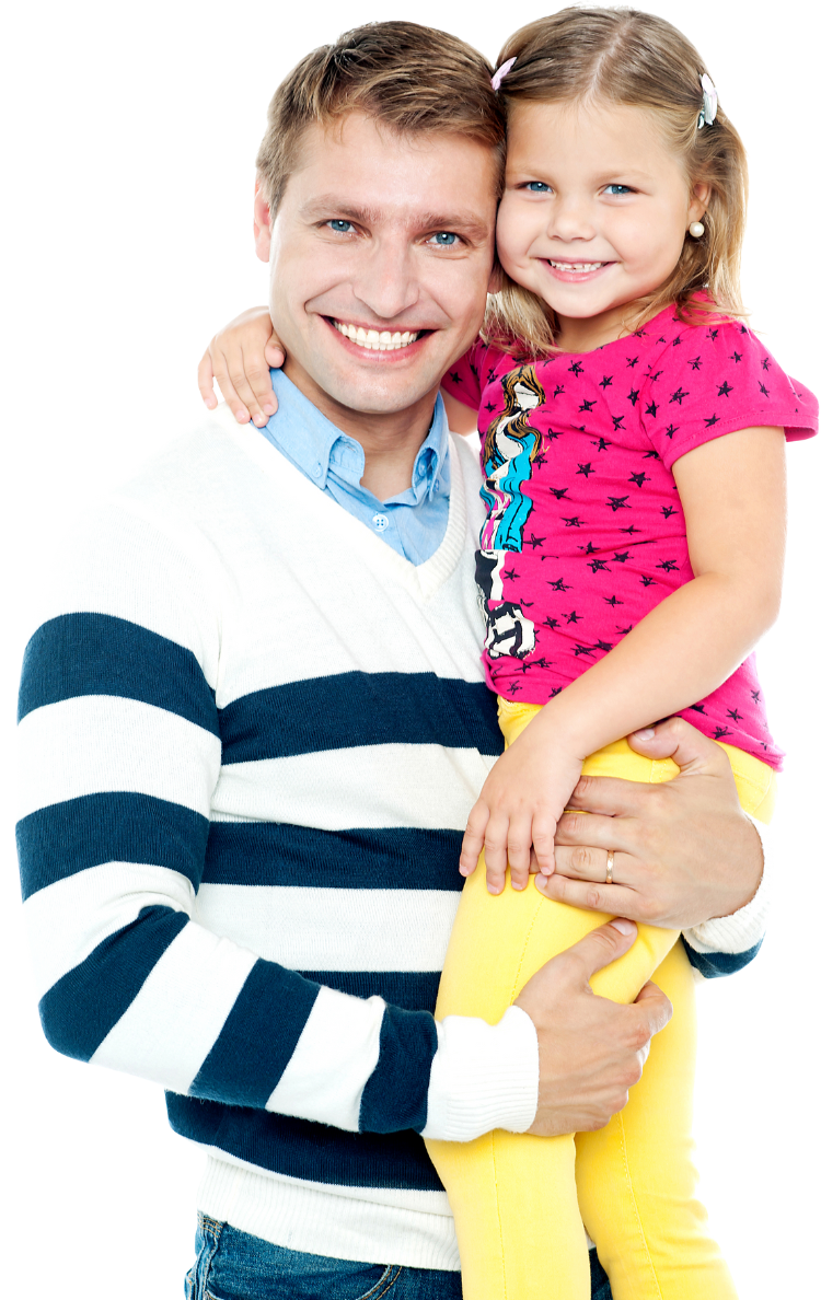 A man in a striped sweater is holding a little girl in his arms and both are smiling