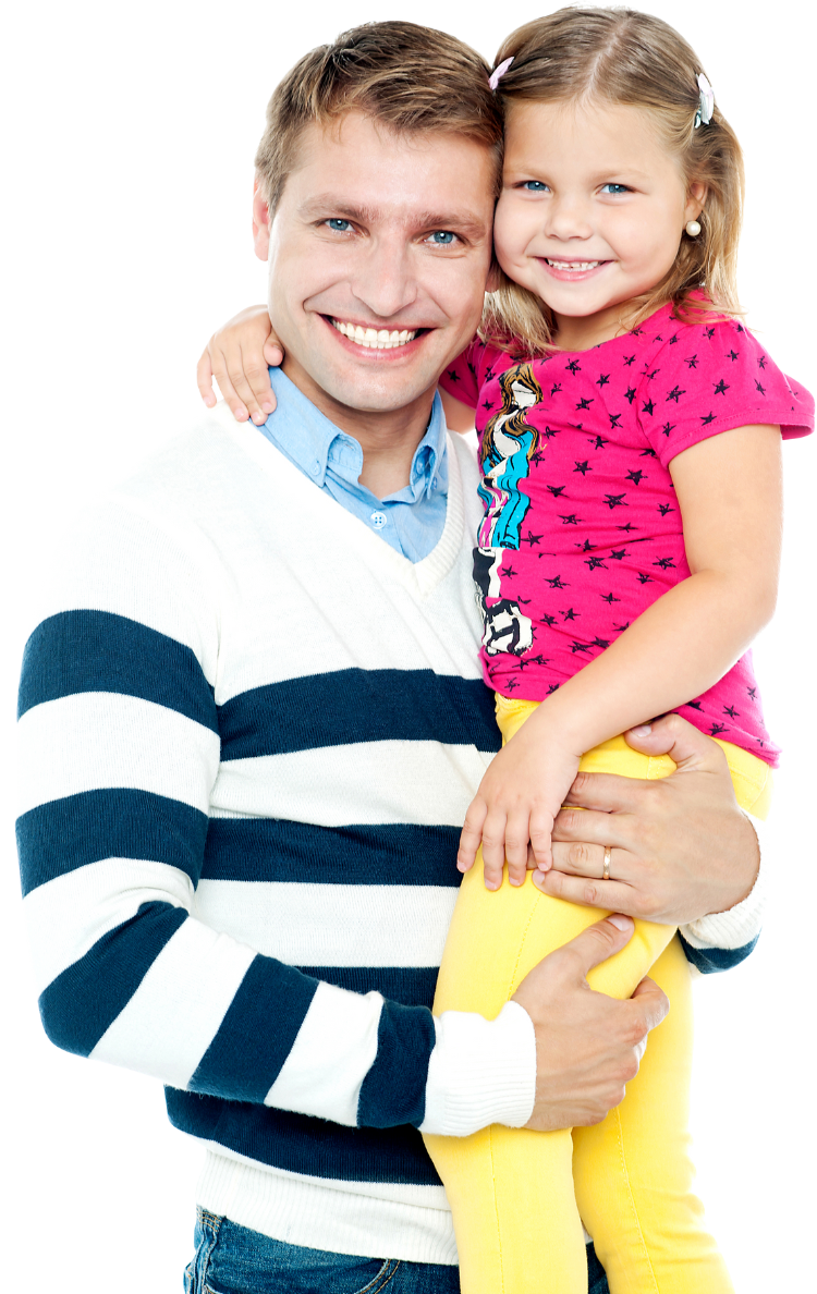 A man in a striped sweater is holding a little girl in his arms.
