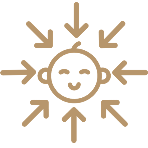 A baby 's face is surrounded by arrows pointing to the face.