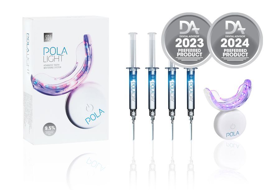 A box of pola light teeth whitening kit with syringes and plaques.