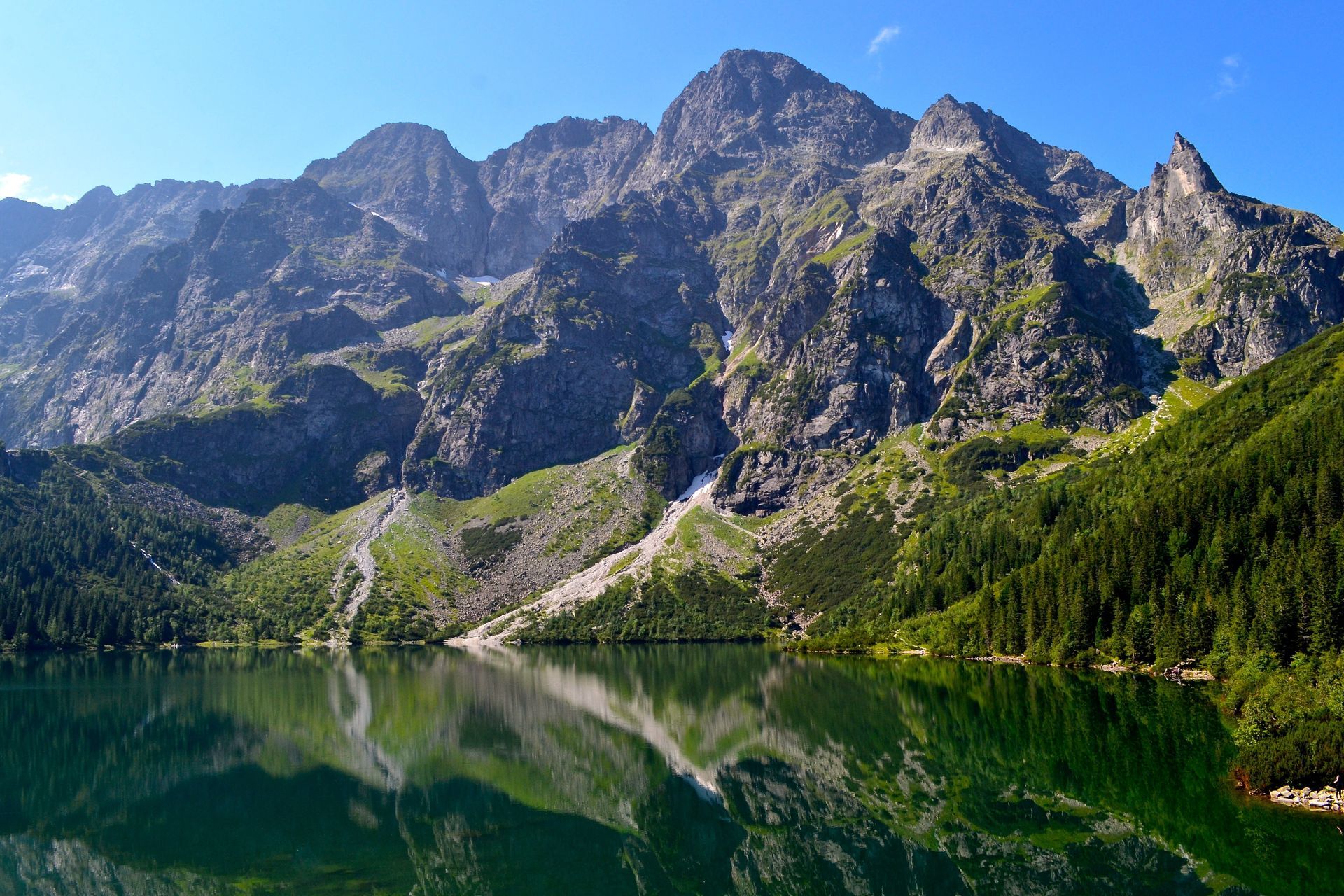 Morskie Oko lake in the Tatra Mountains near Zakopane — crystal clear water reflecting rocky peaks