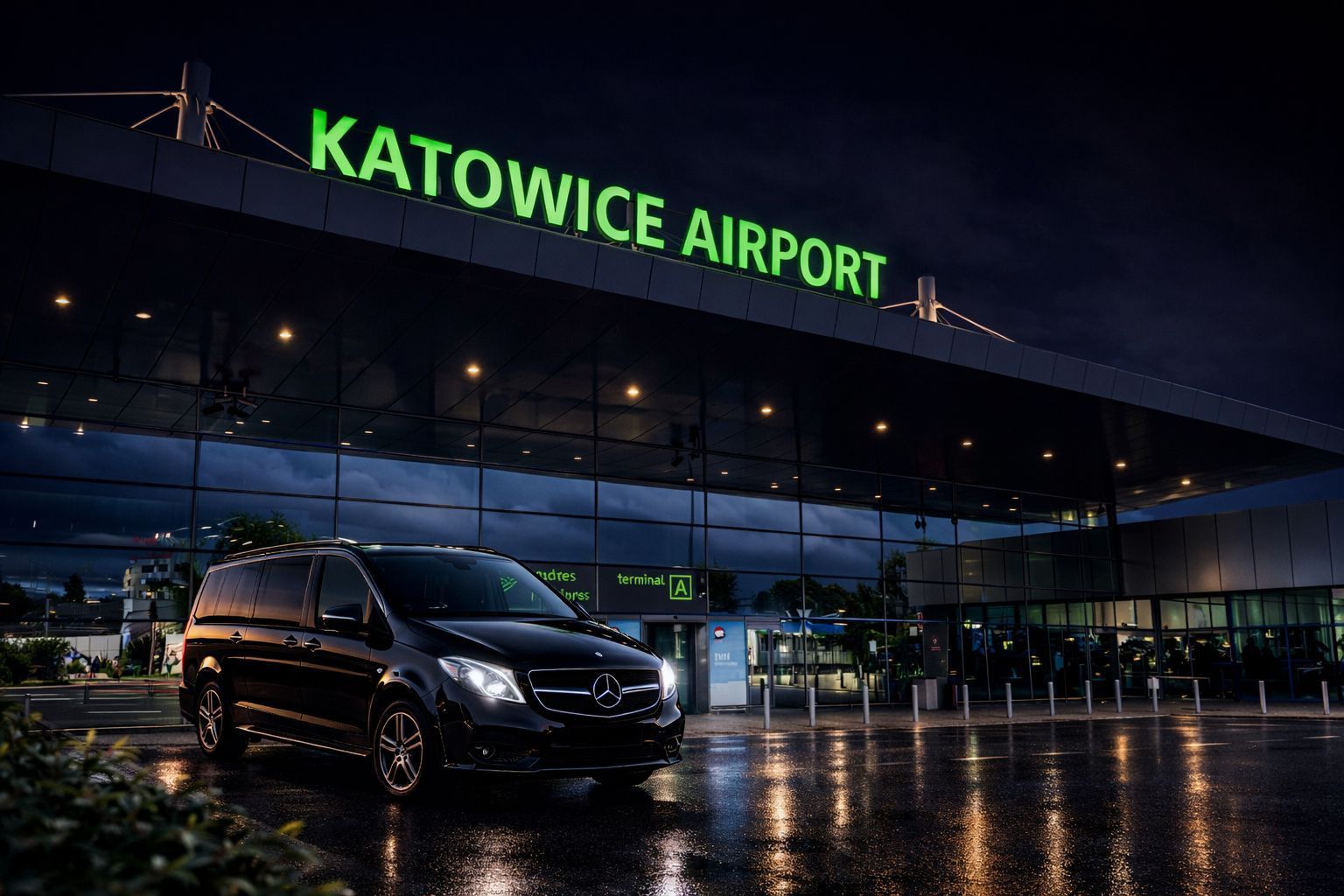 Katowice KTW airport transfer to Krakow — private van at night outside terminal