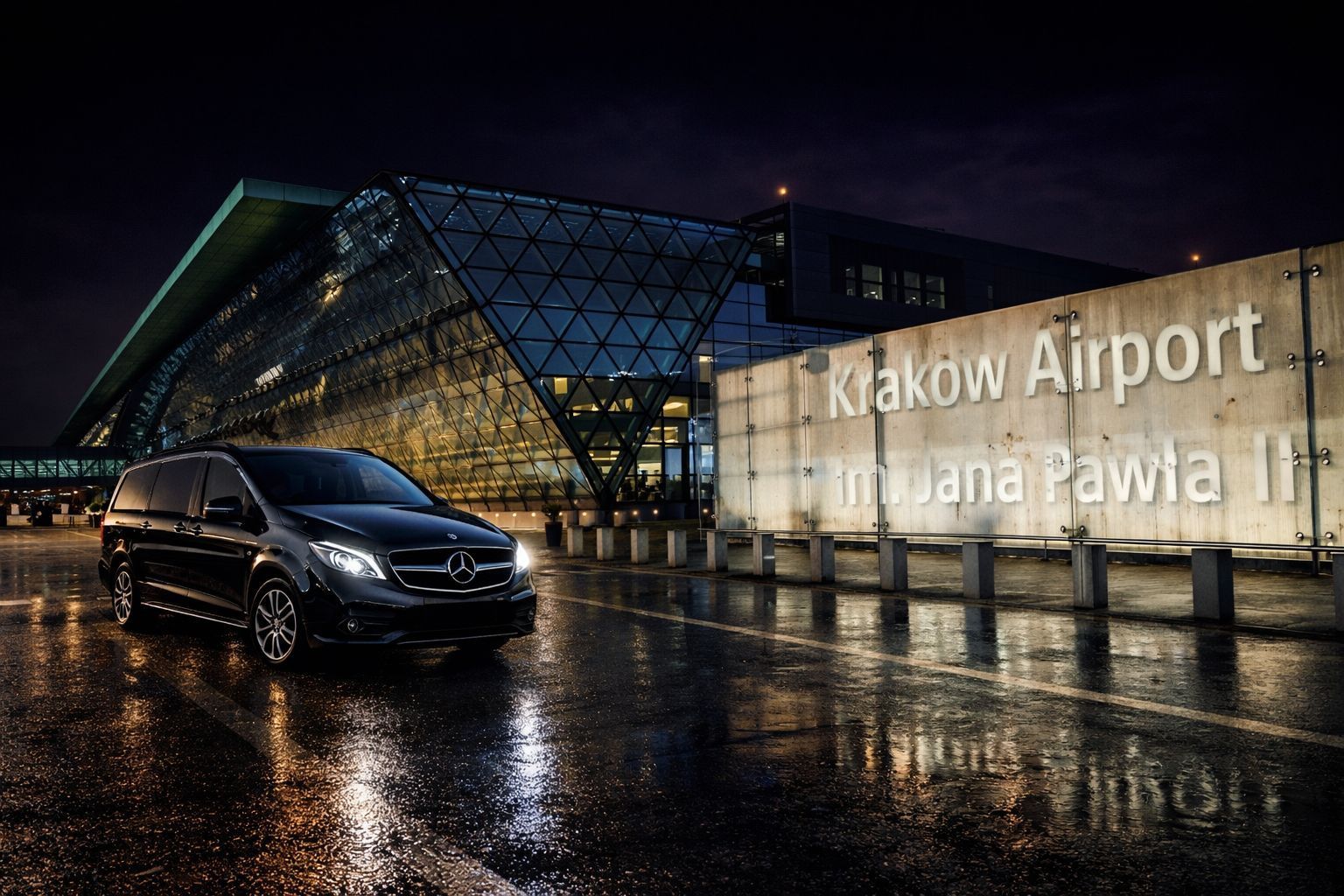 Krakow Airport to Zakopane private transfer — vehicle at KRK Balice Airport at night