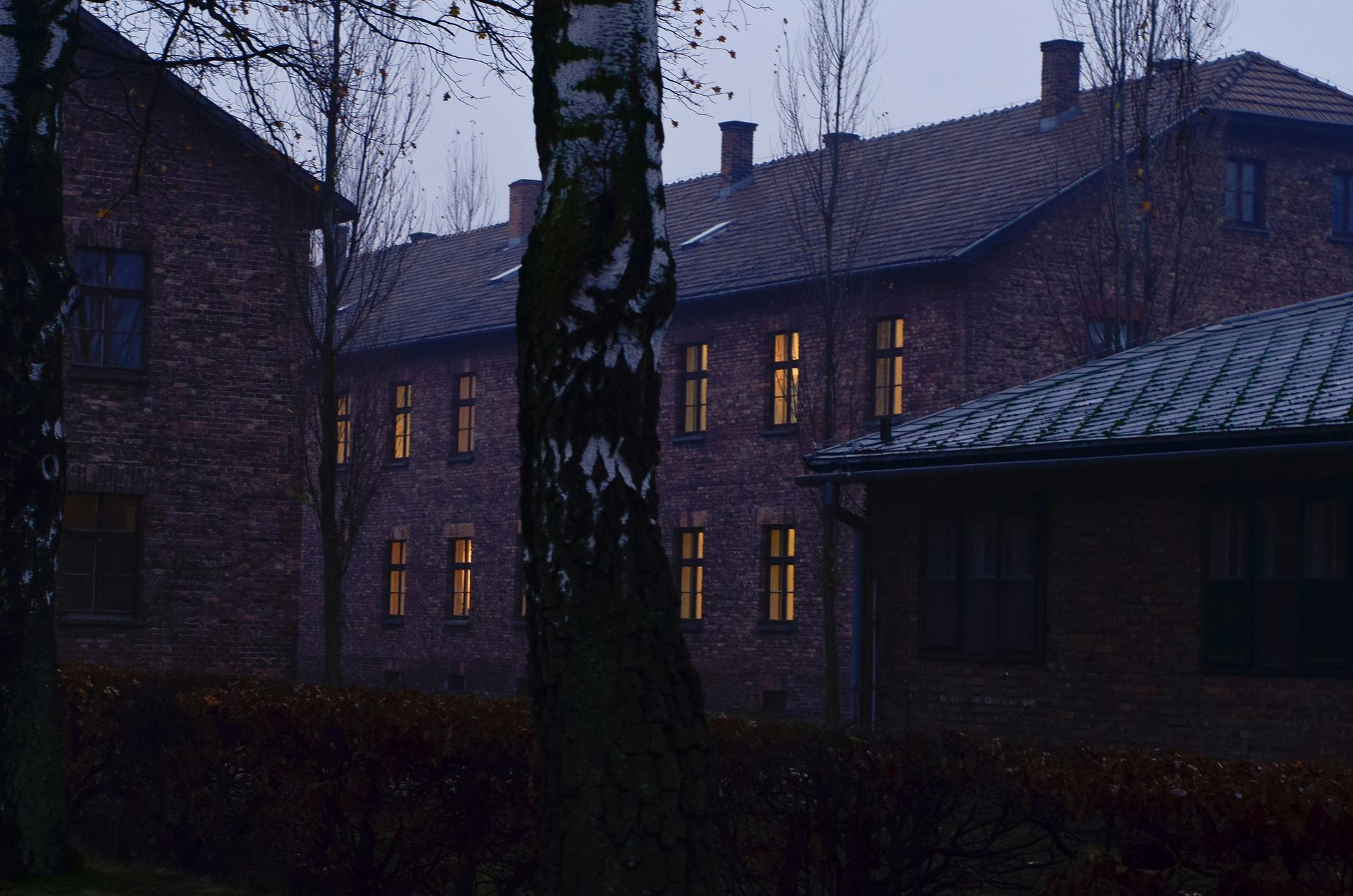 Auschwitz II-Birkenau — prisoner barracks and watchtowers