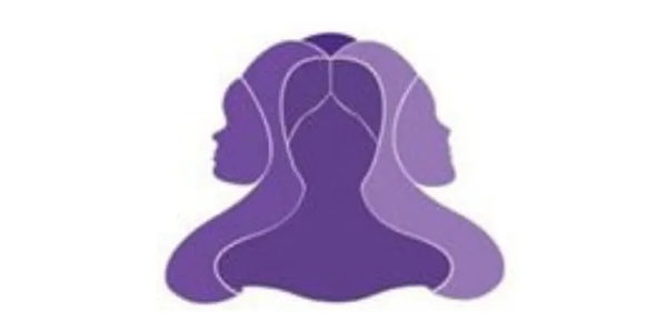 A purple silhouette of a woman with two faces on a white background.