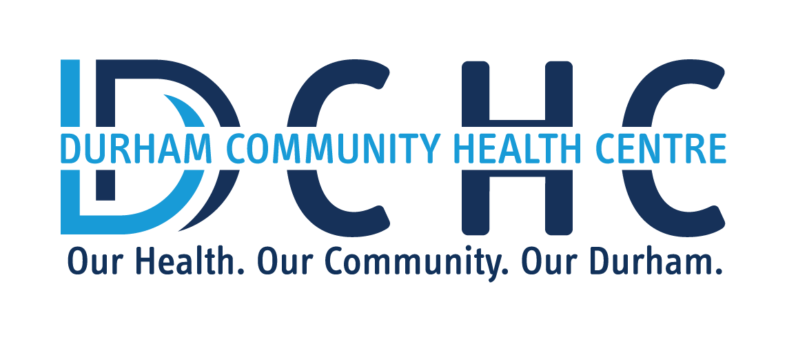 The logo for the durham community health centre says our health , our community , our durham.