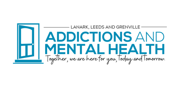 The logo for addictions and mental health is blue and white